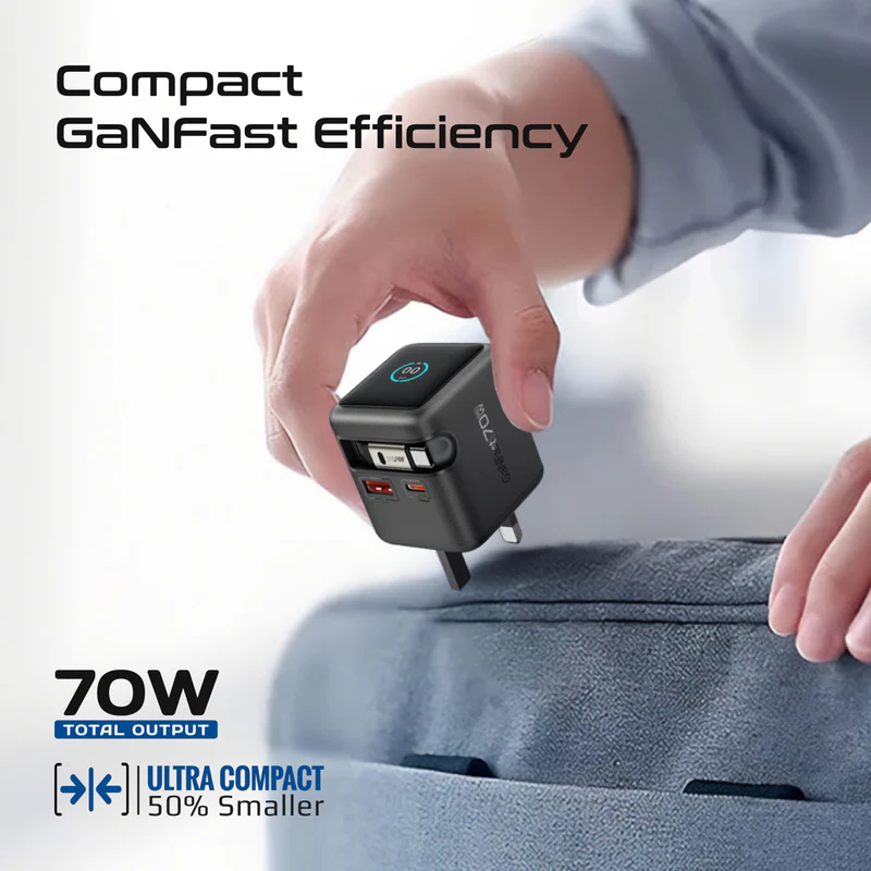 Promate 70W GaNFast™ Wall Charger w/ USB - C Cable (Black)