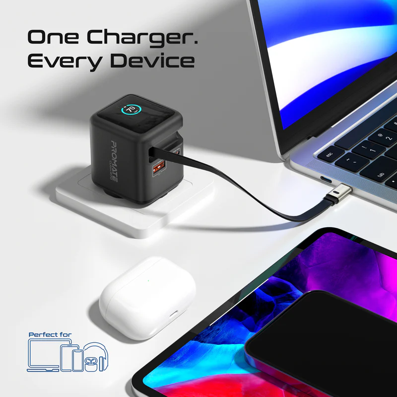 Promate 70W GaNFast™ Wall Charger w/ USB - C Cable (Black)