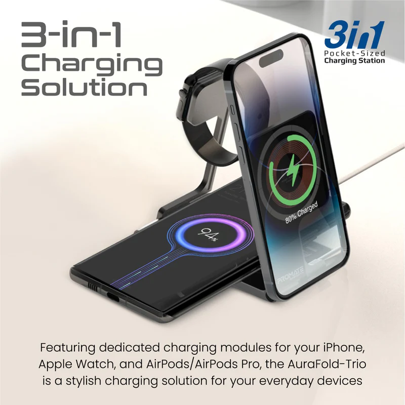 Promate 15W AuraFold-Trio
Ultra-Slim Foldable MagSafe Wireless Charger (Black)