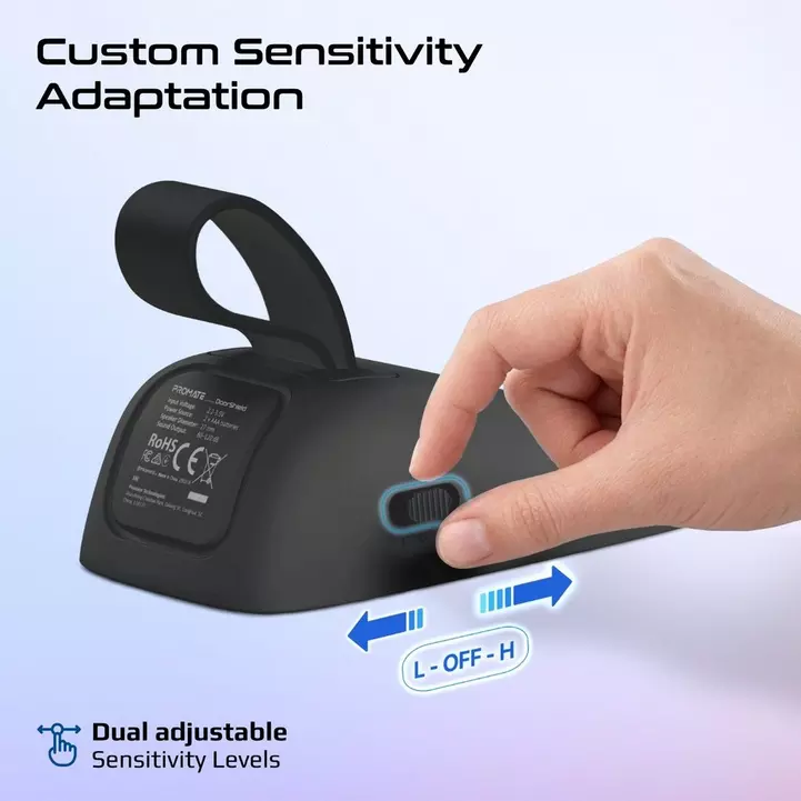 Promate High-Sensitivity Portable Door Stopper Alarm with Instant Trigger & Dual Sensitivity mode (Black)