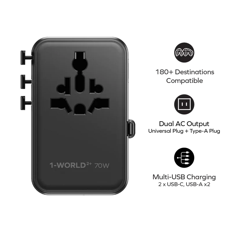 Momax 1-World²⁺ 70W 3-Port Dual AC Travel Adapter with Built-In Retractable Cable(Black)