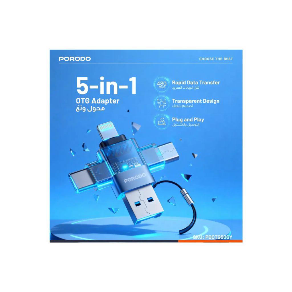 Porodo MINILINK Transparent 3-in-1 OTG Adapter (Gray)