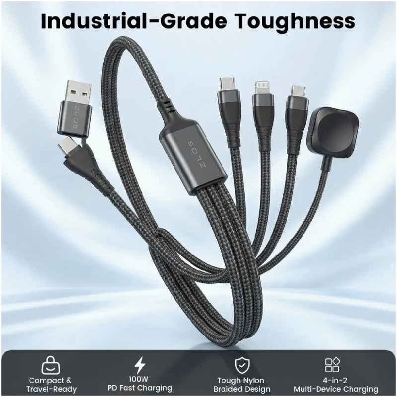 ZLOS  4-in-2 Braided Multi Charging Data Cable (C+A) to (C+L+Micro+Watch) 3M - 4