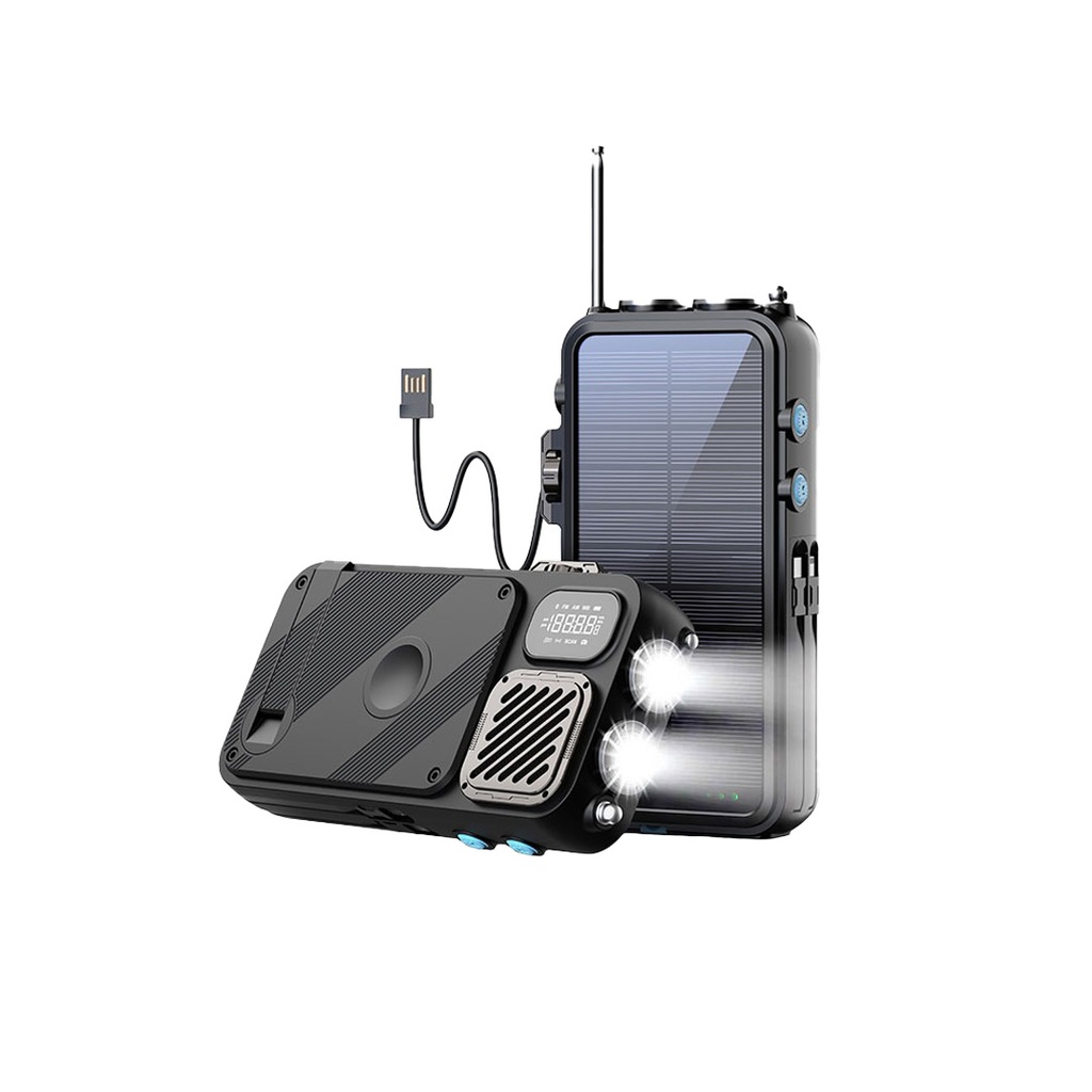 Powerology PP049 16000mAh Solar Power Bank with FM Radio Speaker and Lights (Black)
