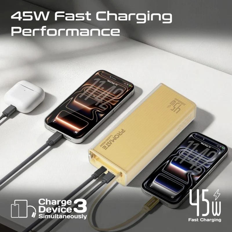 Promate Lucid Clear-Case Power Bank 45W PD w/ Retractable USB-C Cable 20000mAh (Gold)