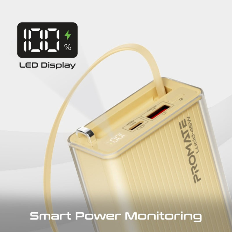 Promate Lucid Clear-Case Power Bank 45W PD w/ Retractable USB-C Cable 20000mAh (Gold)