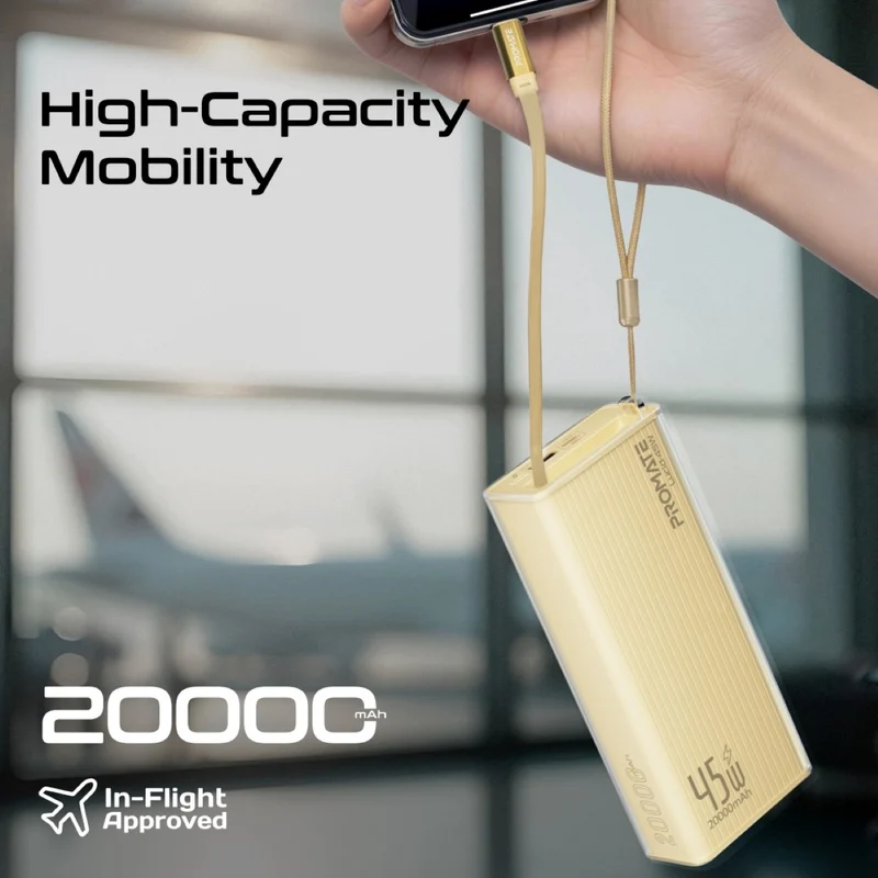Promate Lucid Clear-Case Power Bank 45W PD w/ Retractable USB-C Cable 20000mAh (Gold)