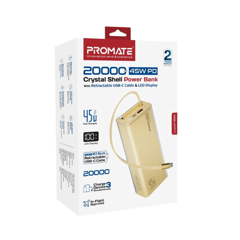 Promate Lucid Clear-Case Power Bank 45W PD w/ Retractable USB-C Cable 20000mAh (Gold)