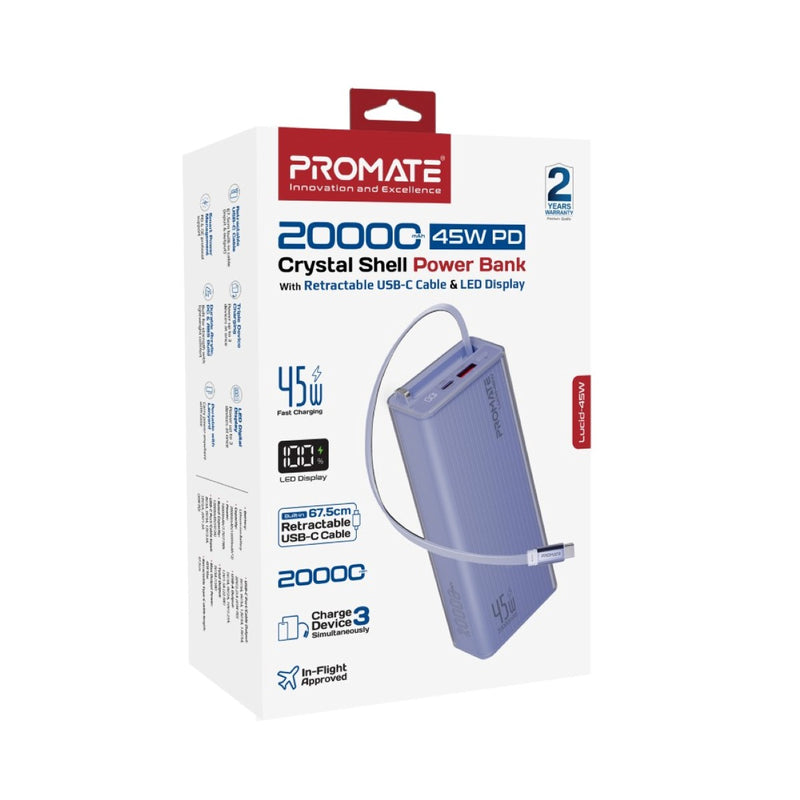 Promate Lucid Clear-Case Power Bank 45W PD w/ Retractable USB-C Cable 20000mAh (Purple)