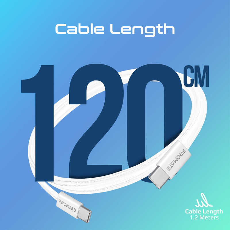 Promate EcoLine-CC120 60W PD USB-C Fabric Braided Cable 1.2m (White)