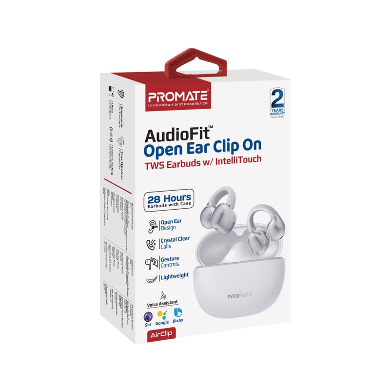 Promate Earbuds AudioFit™ Open Ear Clip On TWS w/ IntelliTouch (White)