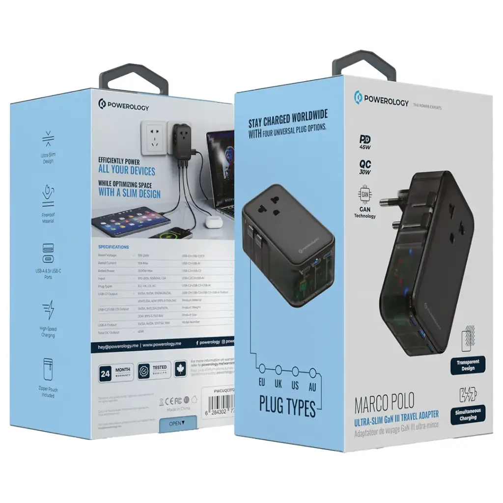 Powerology Marco Polo Ultra-Slim GaN III Travel Adapter (Black)