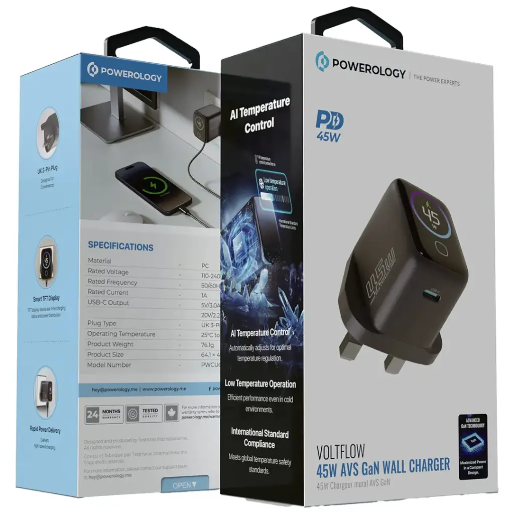Powerology Voltflow 45W AVS GaN Wall Charger With C-C Cable (Gray)