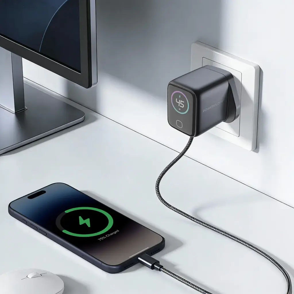 Powerology Voltflow 45W AVS GaN Wall Charger With C-C Cable (Gray)