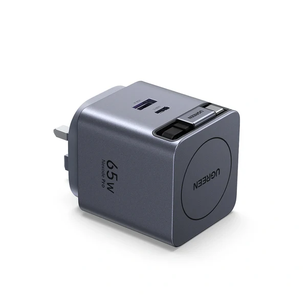 UGREEN 65W 2-Port GaN Fast Charger with Retractable Cable (Space Gray)