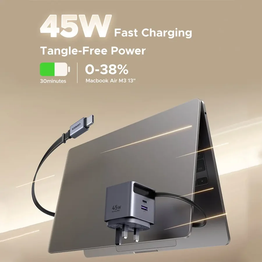 UGREEN 45W 2-Port GaN Fast Charger with Retractable Cable (Space Gray)