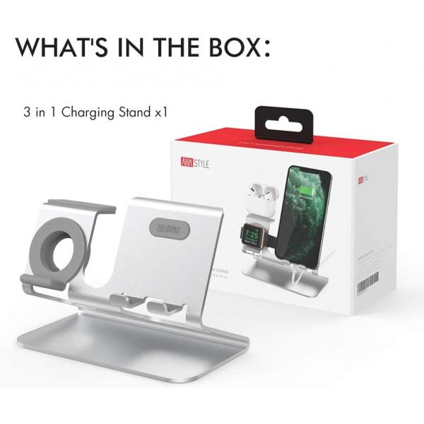 AhaStyle 3in1 Aluminum Stand for SmartPhone/Apple Watch/Airpods (Silver)