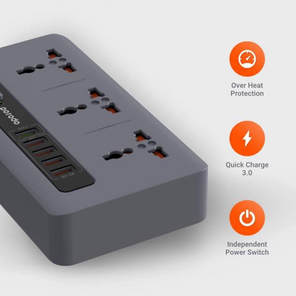 Porodo Multi-Socket 10A and x5 USB Outputs 33W QC 3.0 (Grey)