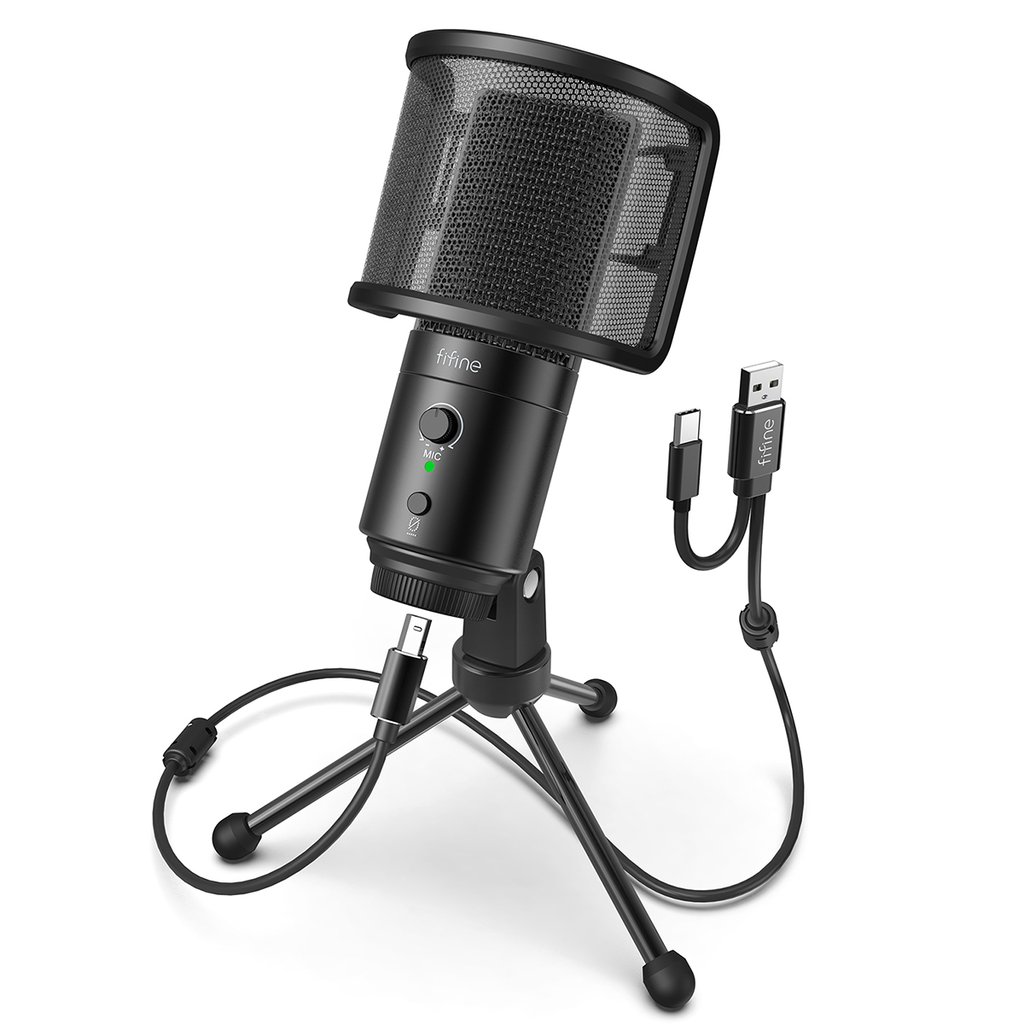 FIFINE USB-C Mic with a Pop Filter, a Mute Button and a Monitoring Jack for Recording