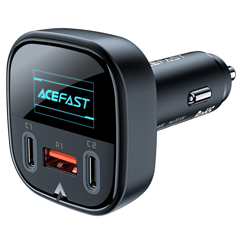 Acefast Metal Car Charger 101W (2xUSB-C+USB-A) with  OLED Smart Display (Black)