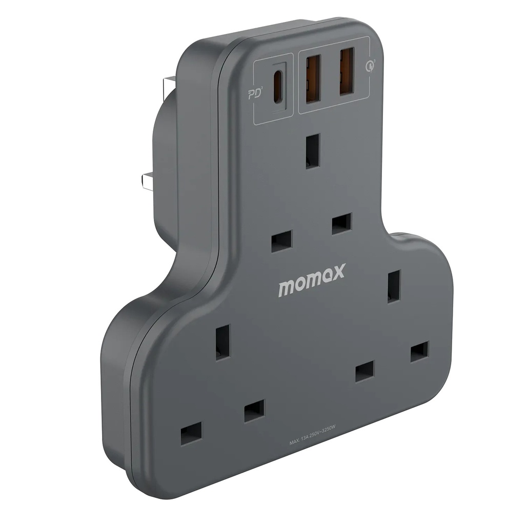 Momax OnePlug  3-Outlet T-shaped Extension Socket With USB (Grey) 