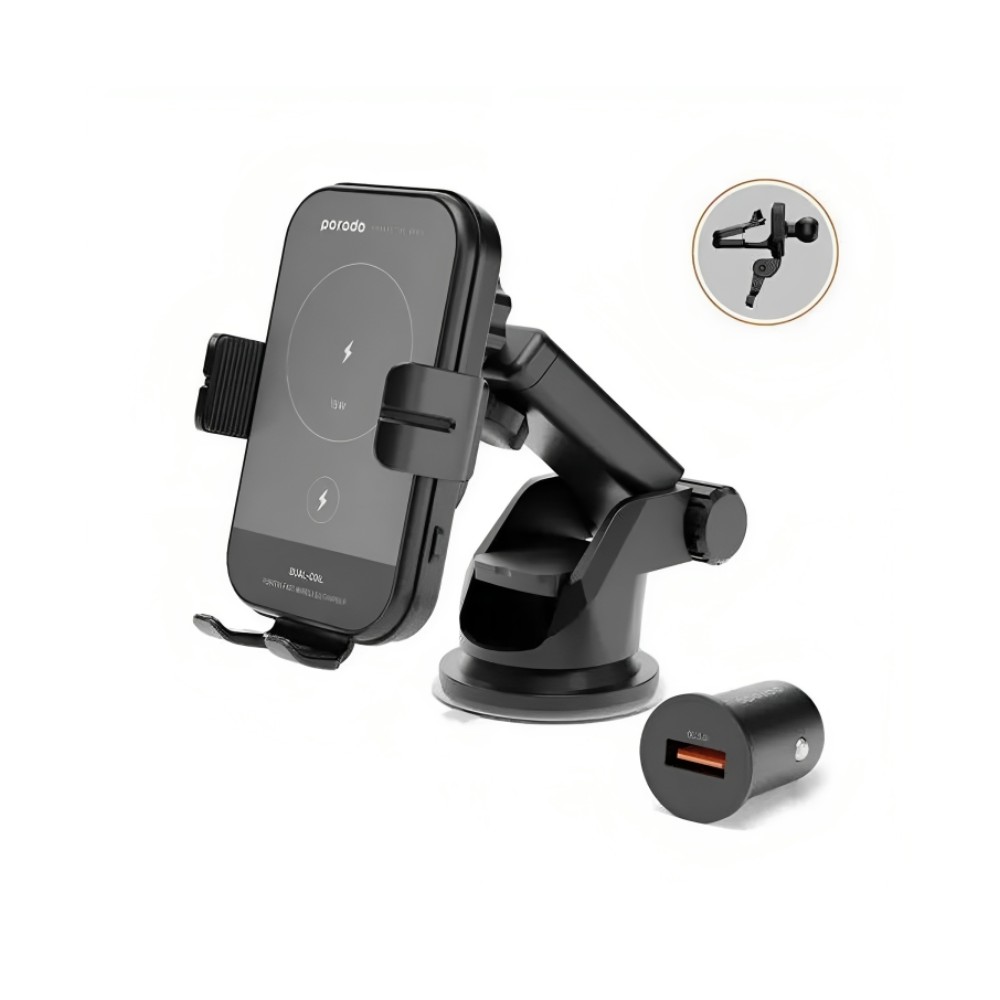 Porodo 3 In 1 Car Charger Mount 15W With QC3.0 Car Charger