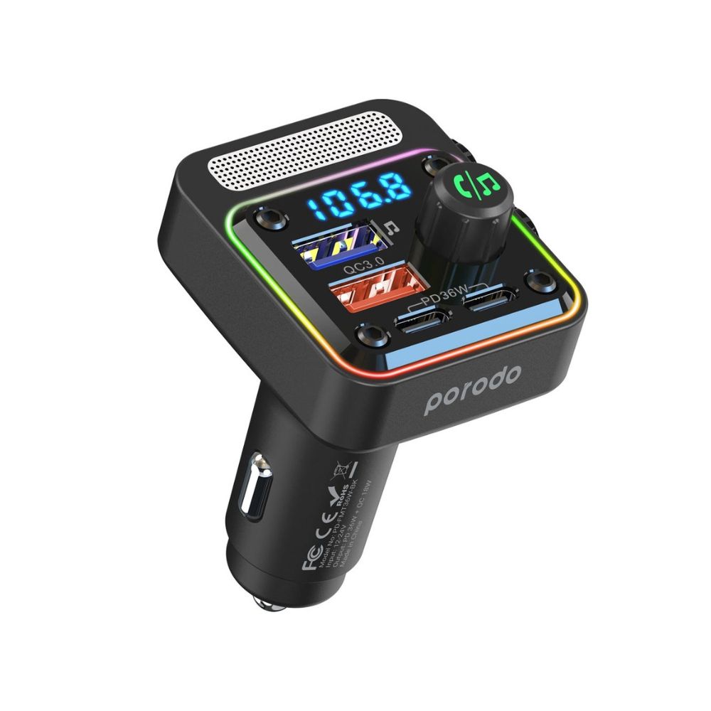 Porodo Quick-Charge FM Car Charger Dual USB-C & USB-A