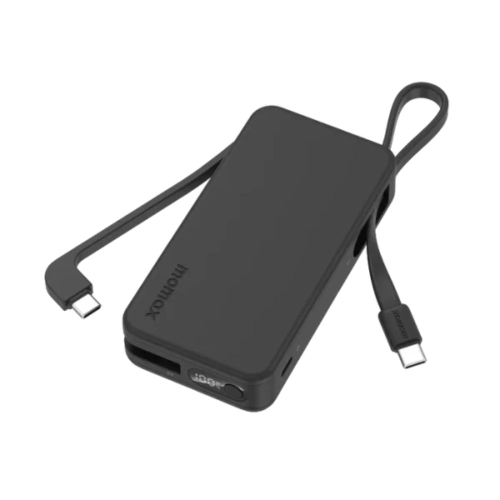 Momax 1-Power Vital+ 10000mAh Battery Pack with Dual Built-in USB-C Cable (Black)