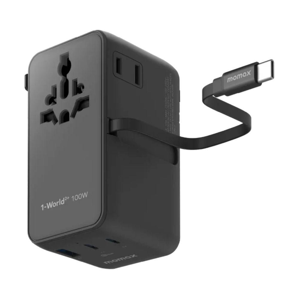 Momax 1-World2+ 100W 4-Port Dual AC Travel Adaptor with Built-in retractable Cable (Black)