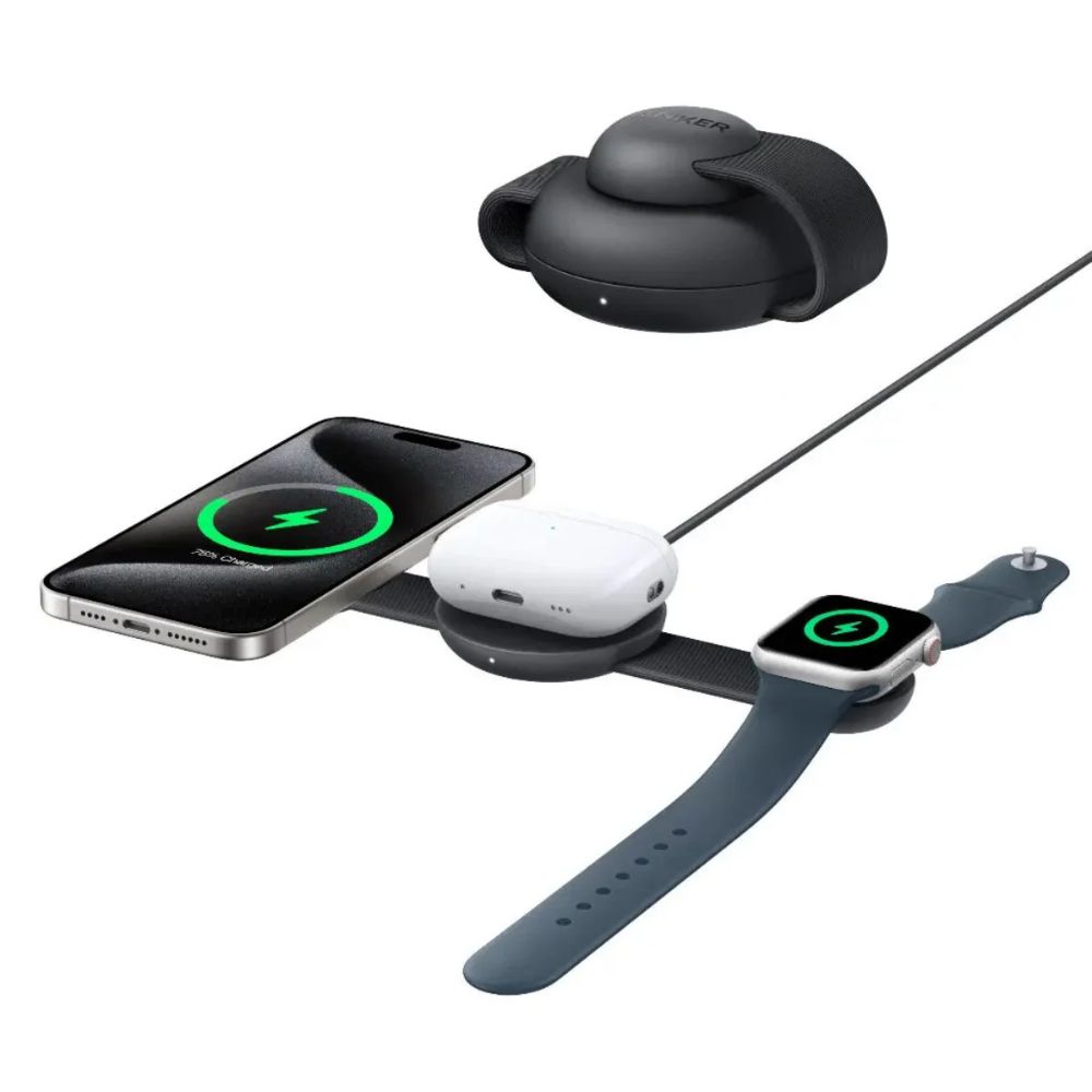 Anker MagGo Wireless Charging Station (3-in-1, Foldable Pad) with Adapter and Cable (Black)