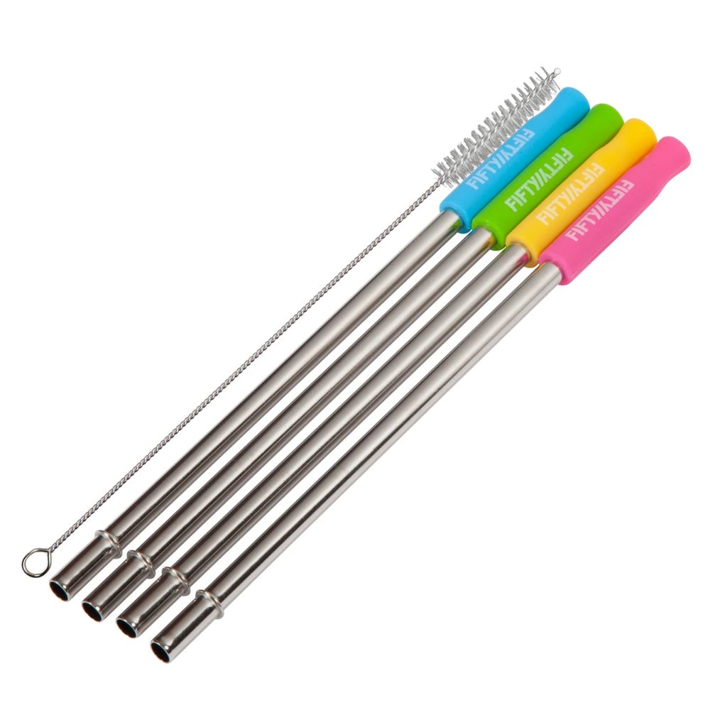 Fifty Fifty Stainless Steel Straws w/Silicone Tip & Cleaning Brush 4PK (Assorted)