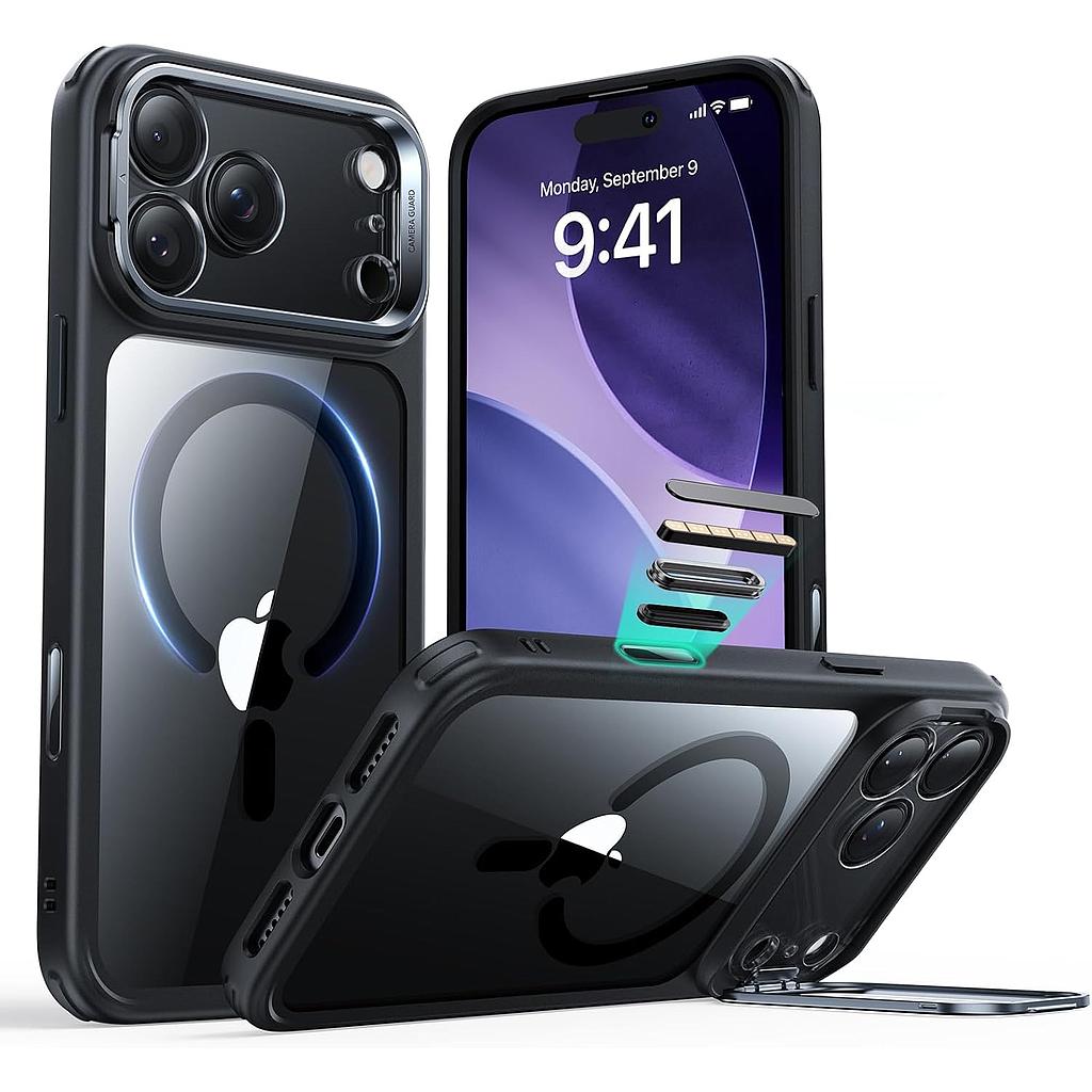 ESR HaloLock Classic Hybrid Case with Stash Stand for iPhone 17 Pro (Clear Black)