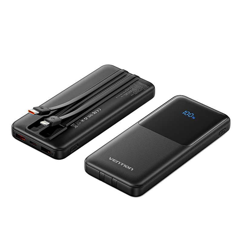 Vention Power Bank 10000mAh with Built-in USB-C and Lightning Cables (Black)