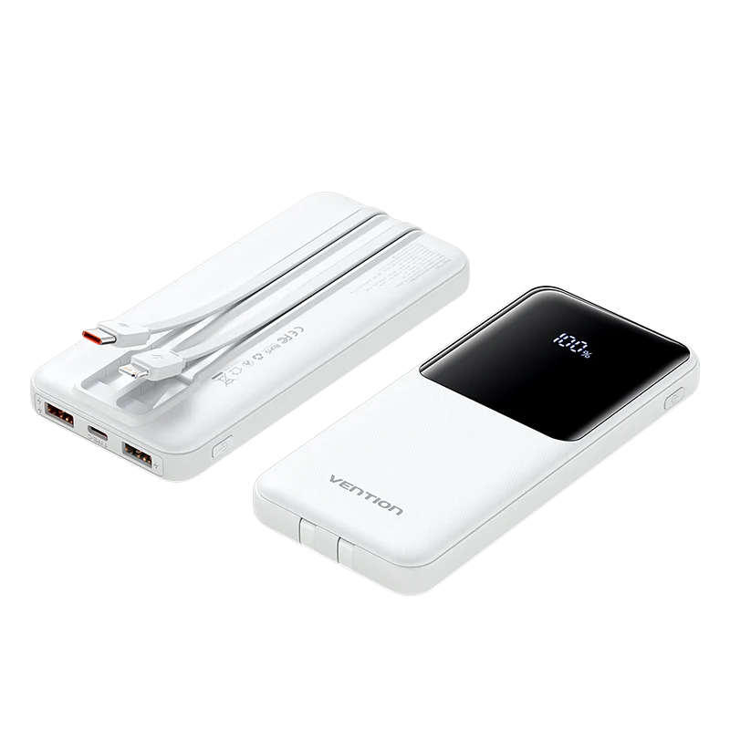 Vention Power Bank 10000mAh with Built-in USB-C and Lightning Cables (White)
