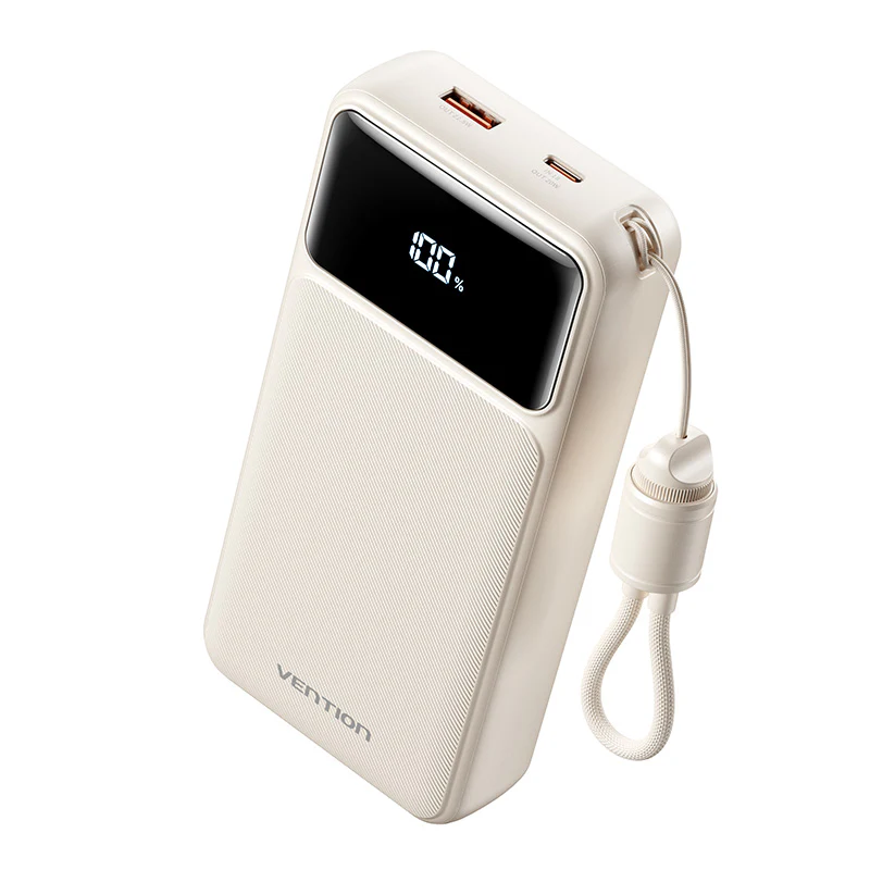 Vention Power Bank 20000mAh with Built-in USB-C and Lightning Cables (White)