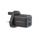 Powerology Dual Port Super Compact Quick Charger With USB-C To USB-C Cable 1.2M (Black)