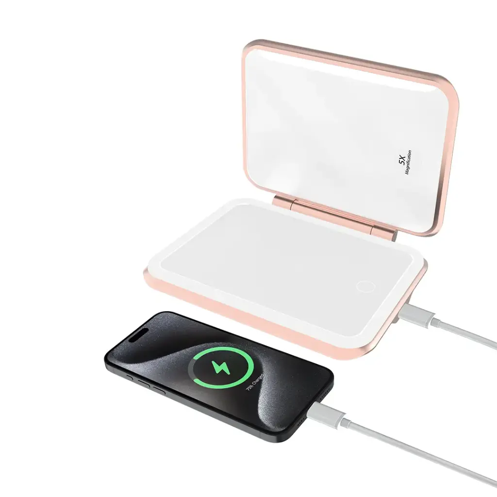 Porodo Lifestyle 5000mAh Power Bank Magnifying Mirror (White/Rose Gold)
