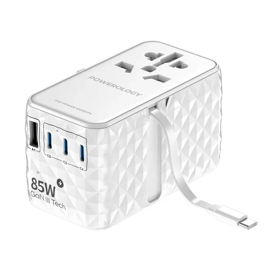 Powerology Universal GaN 85W Super Charger Retractable Type-C Cable (White)