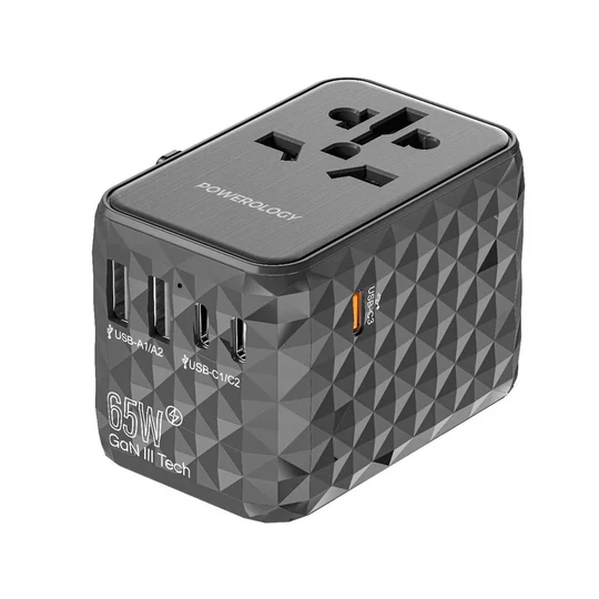 Powerology Universal Multi-Port GaN Travel Adapter 3x Type-C With 2x USB-A Ports 65W PD