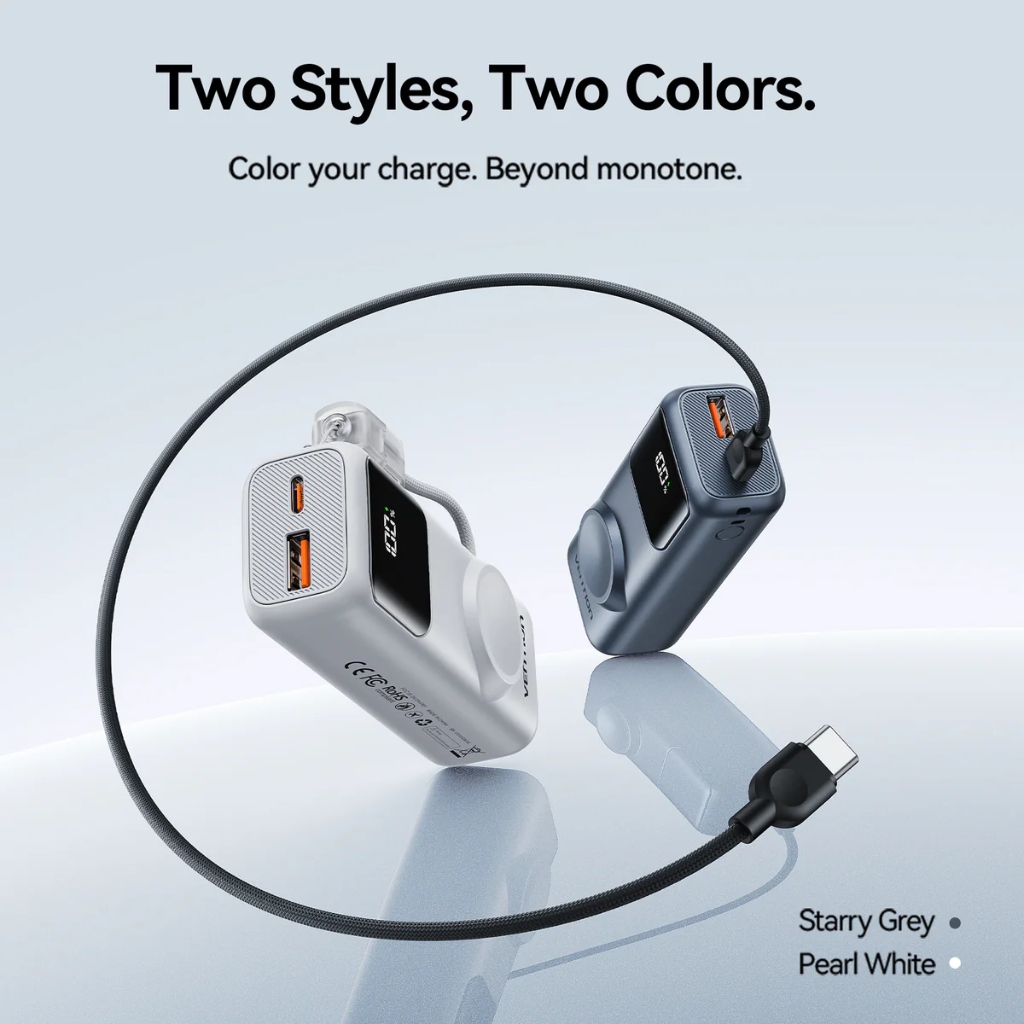 Vention Mini 10000mAh Power Bank (USB-C + USB-A) with Built-in USB-C Cable & Apple Watch Charging 22.5W (White)