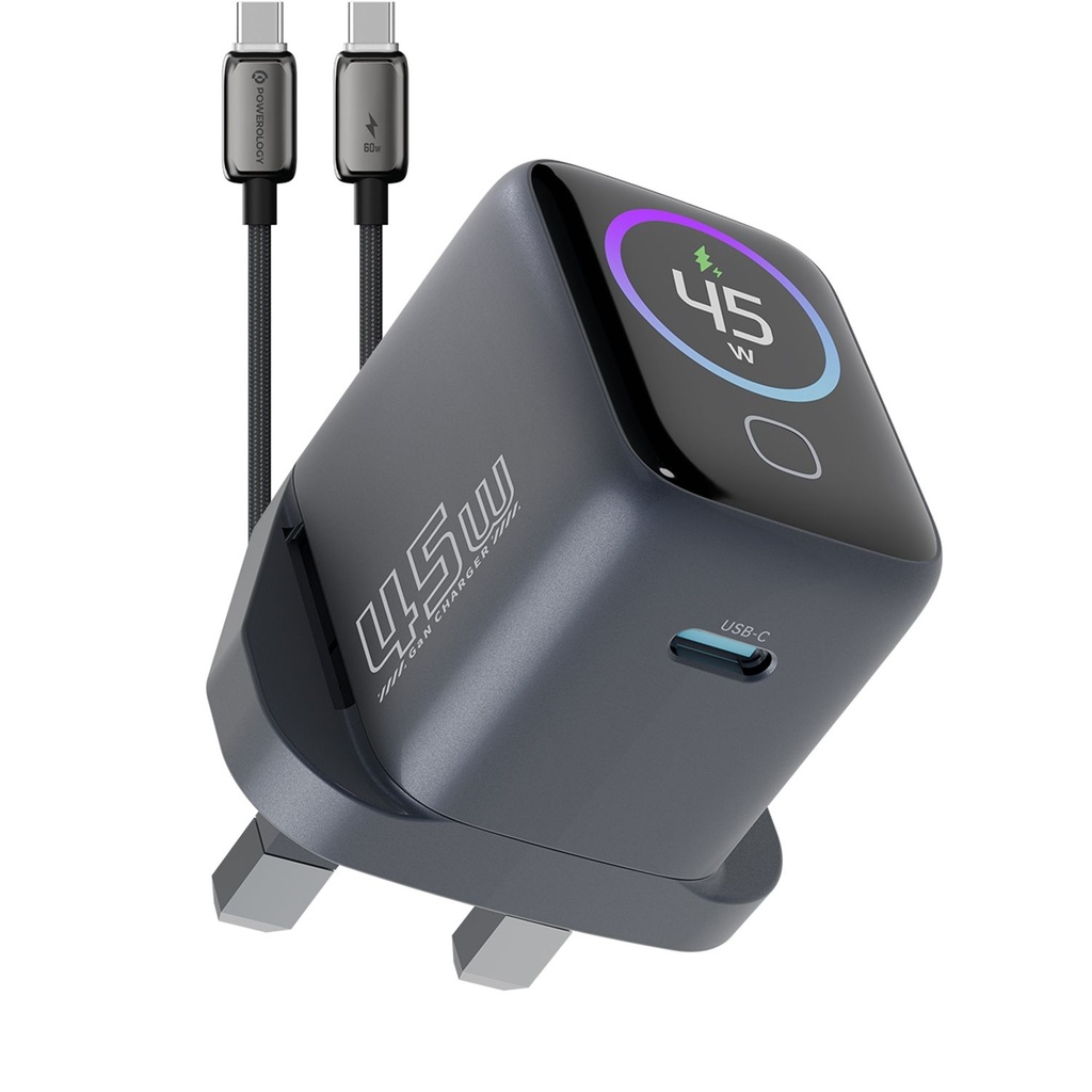 Powerology Volt-X 45W Dual-Port GaN Wall Charger with Type C-C Cable 1.2M (Black)