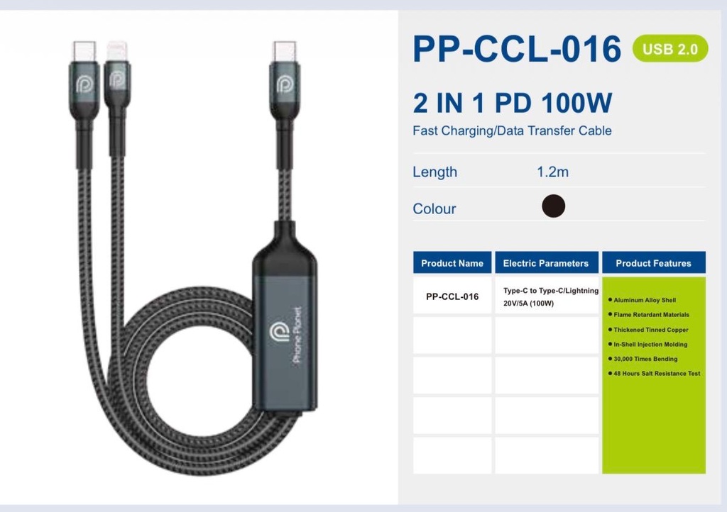 Phone Planet Braided Cable 2 IN 1 Fast Charge & Data Sync 100W Type-C to Type-C/Lightning