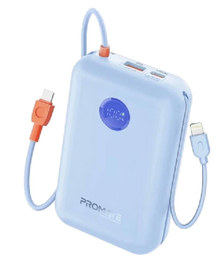 Promate 35W SuperSpeed™  with Built-In USB-C & Lightning Cable Power Bank 30000mAh (Blue) 