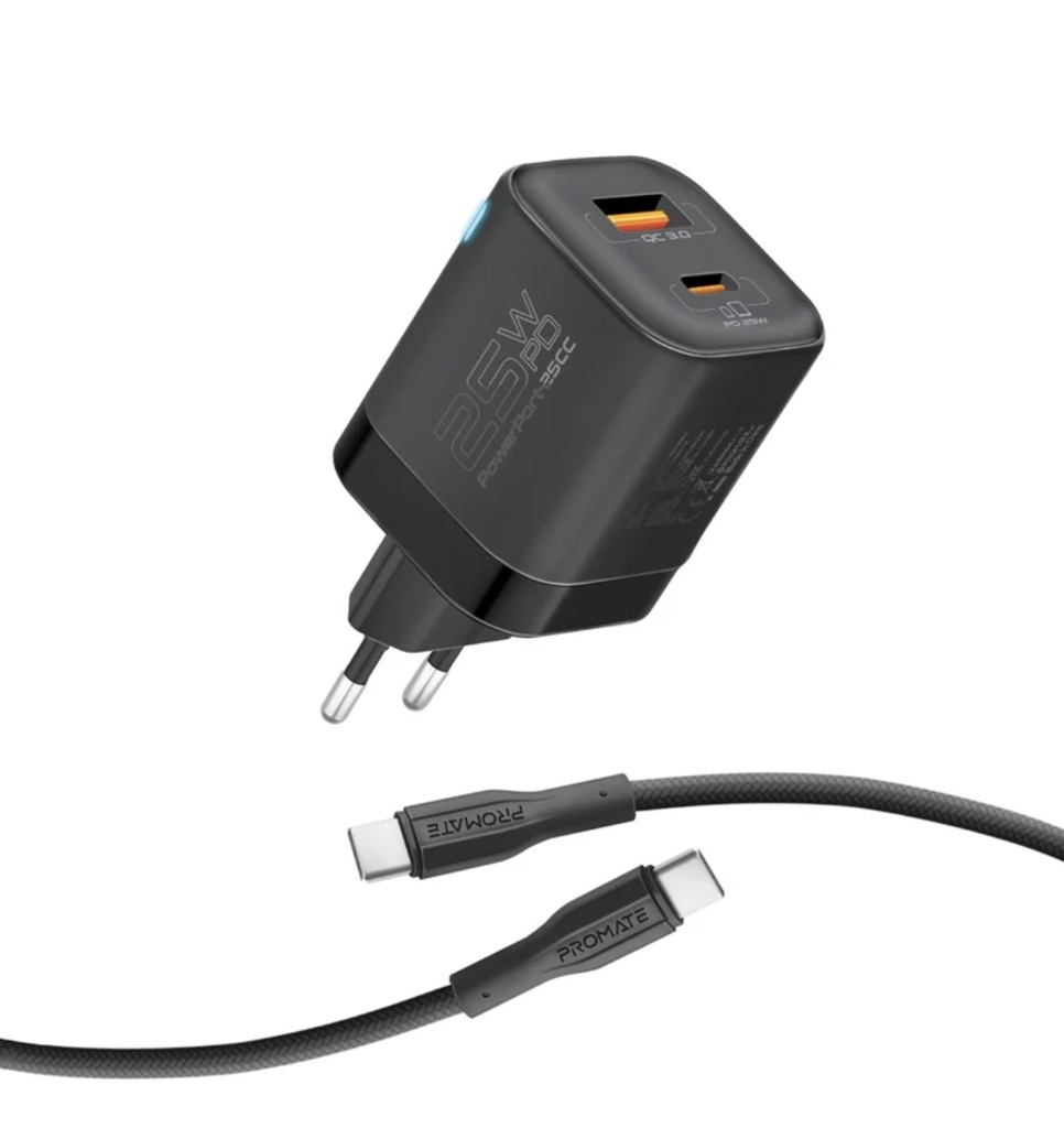 Promate 25W PD Adapter Combo Dual Port with 60W USB-C Cable (Black)