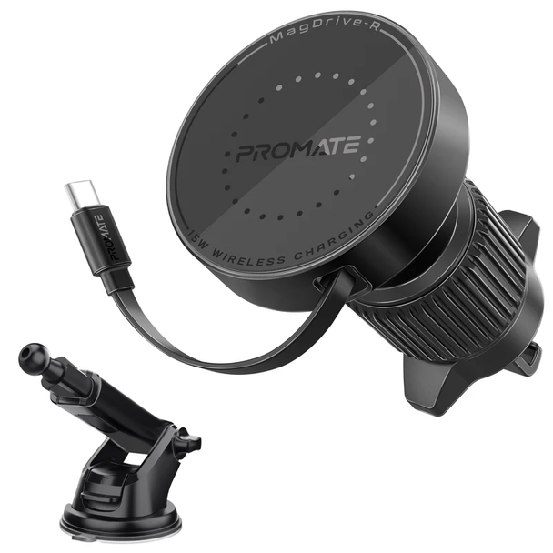 Promate 15W Car Charger MagSafe with Retractable Cable (Black)