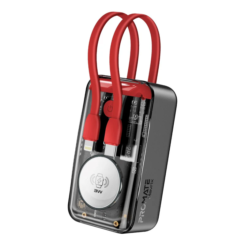 Promate 10000mAh Transparent Smartphone and Apple Watch Charging Power Bank with USB-C & Lightning Cable (Red)