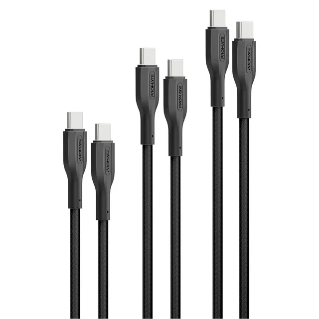 Promate Cable Kit 60W PD 3Pcs High Tensile Strength USB-C (Black)