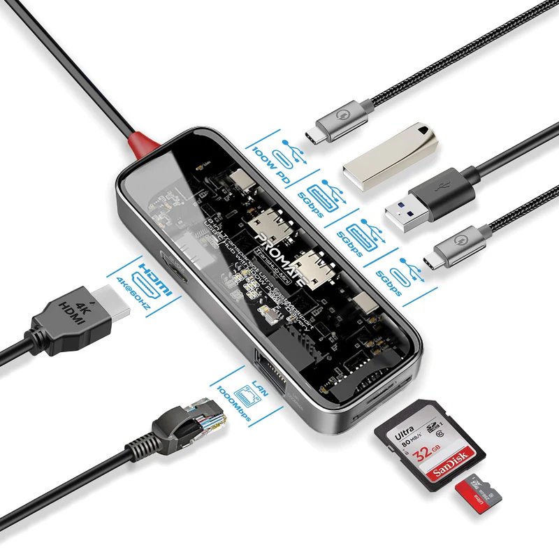موزع USB-C متعدد المنافذ 8 في 1 بقدرة 100 واط (شفاف) Promate 