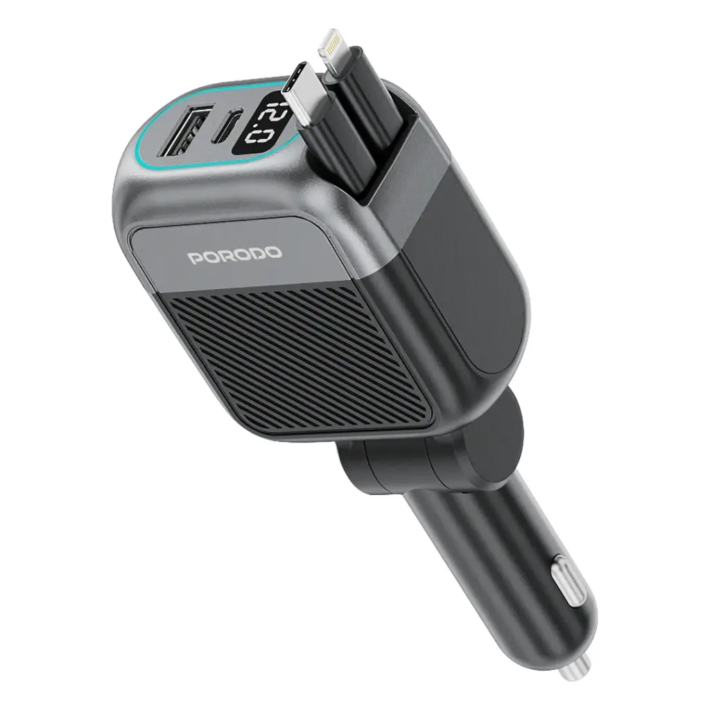 Porodo Spider Multi-Port USB Car Charger with USBC to USB-C & Lightning Cable (Black)