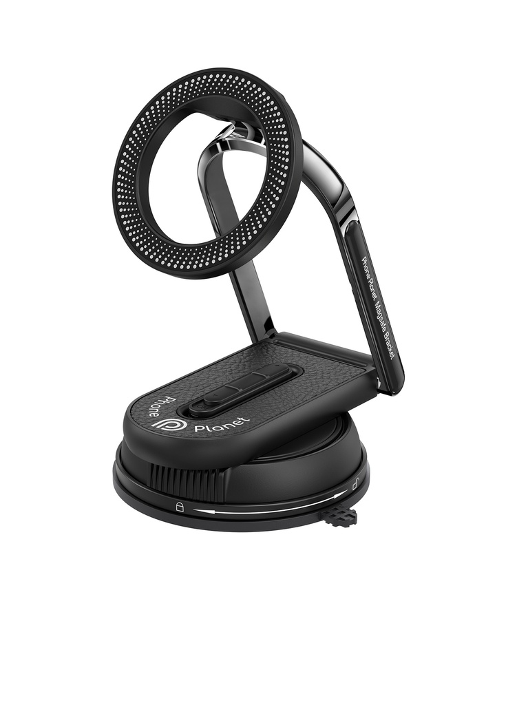فون بلانيت حامل هاتف مغناطيسي عالمي  ، قابل للدوران بزاوية 360°، بتثبيت بتقنية الشفط الهوائي  باللون الأسود